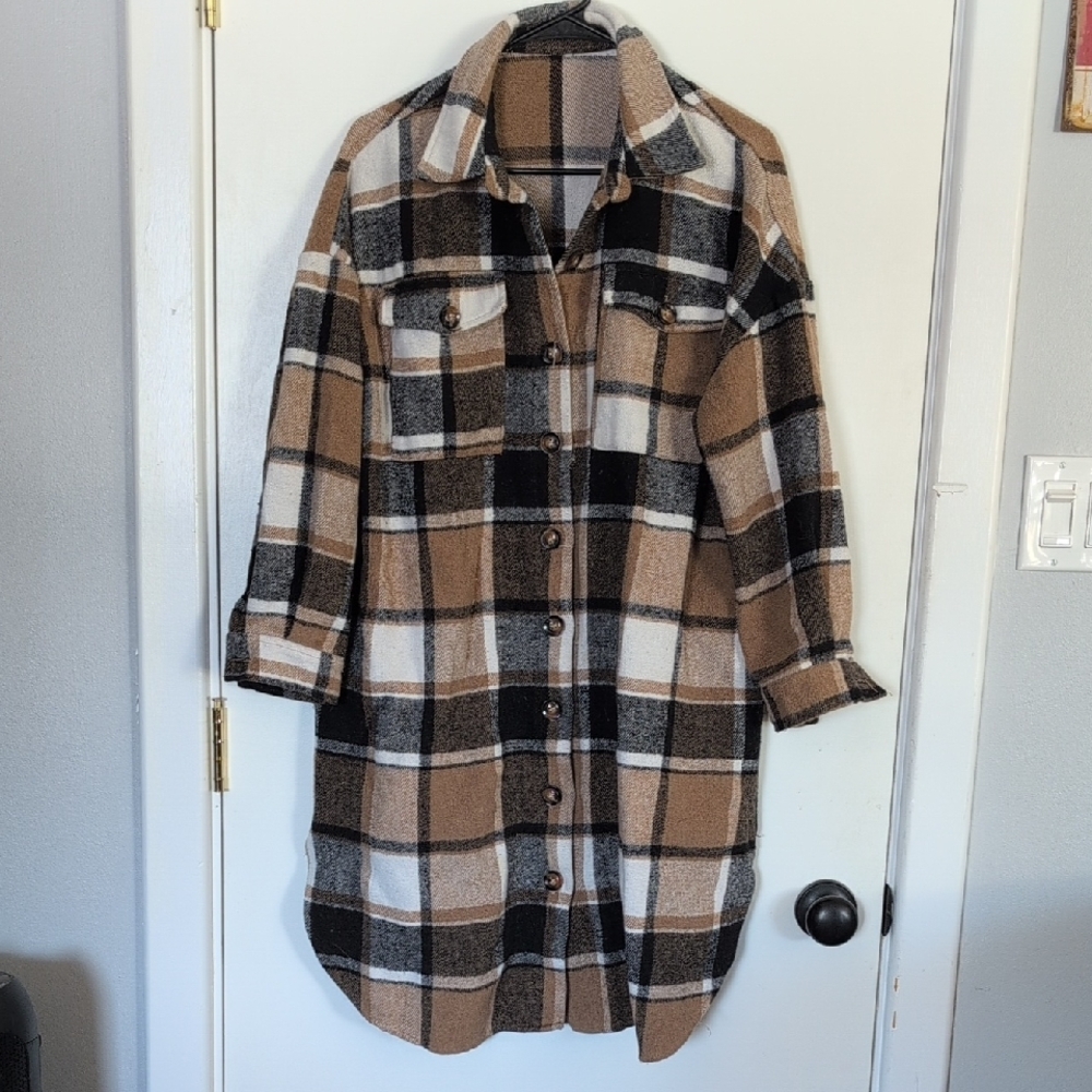 Plaid Button-Up Long Shirt Jacket